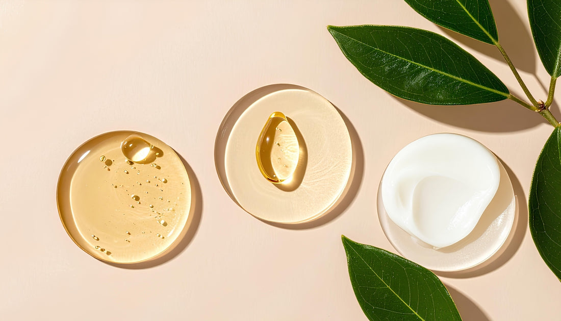 Skincare products with leaves on a light background.