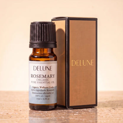 Delune Rosemary Organic Wellness Grade Essential Oil, 10ml amber glass bottle with its gold-foil Delune gift box on warm travertine stone