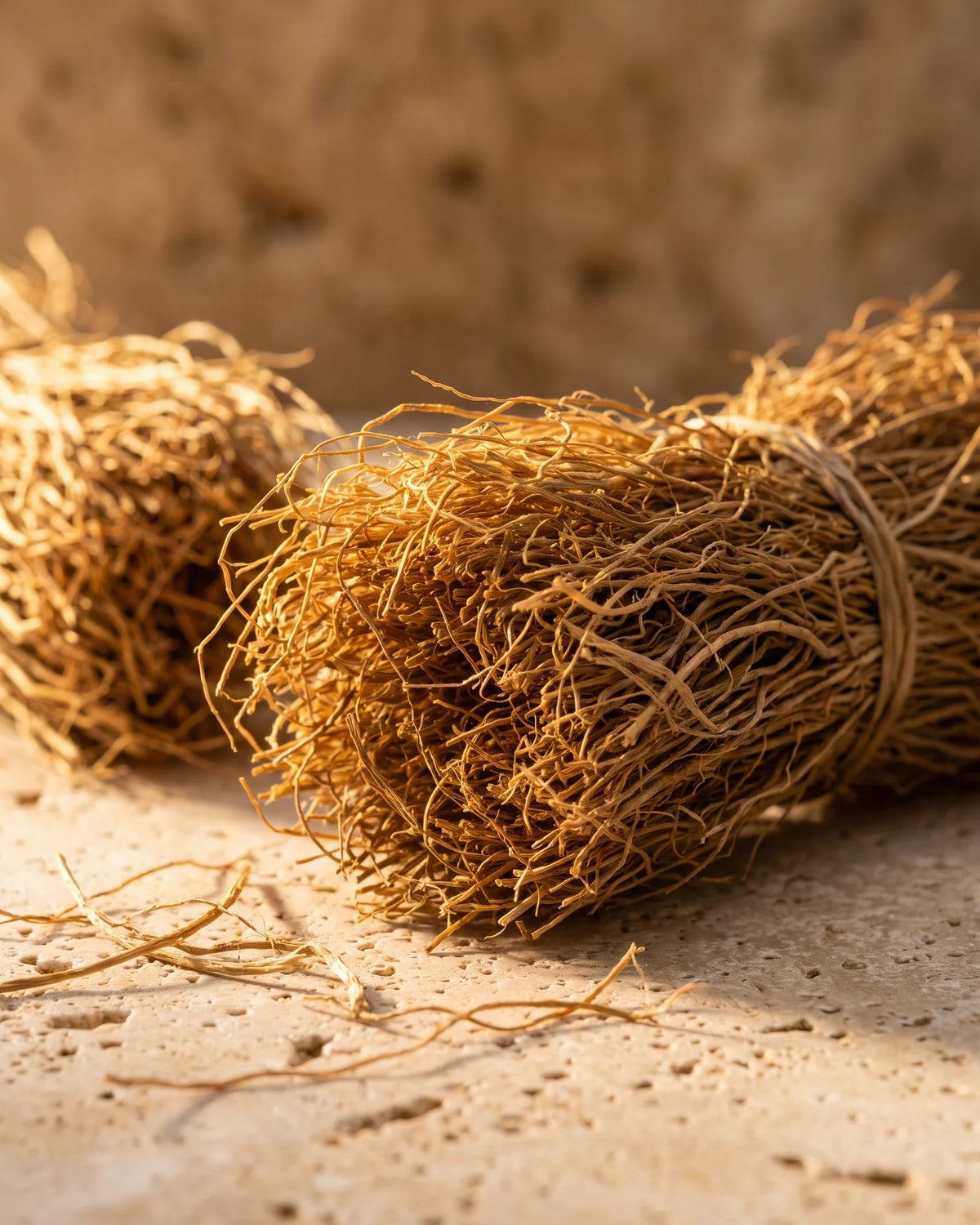 A bundle of fine golden vetiver roots in warm backlight — the smoky, earthy scent of Delune Vetiver Pure Essential Oil