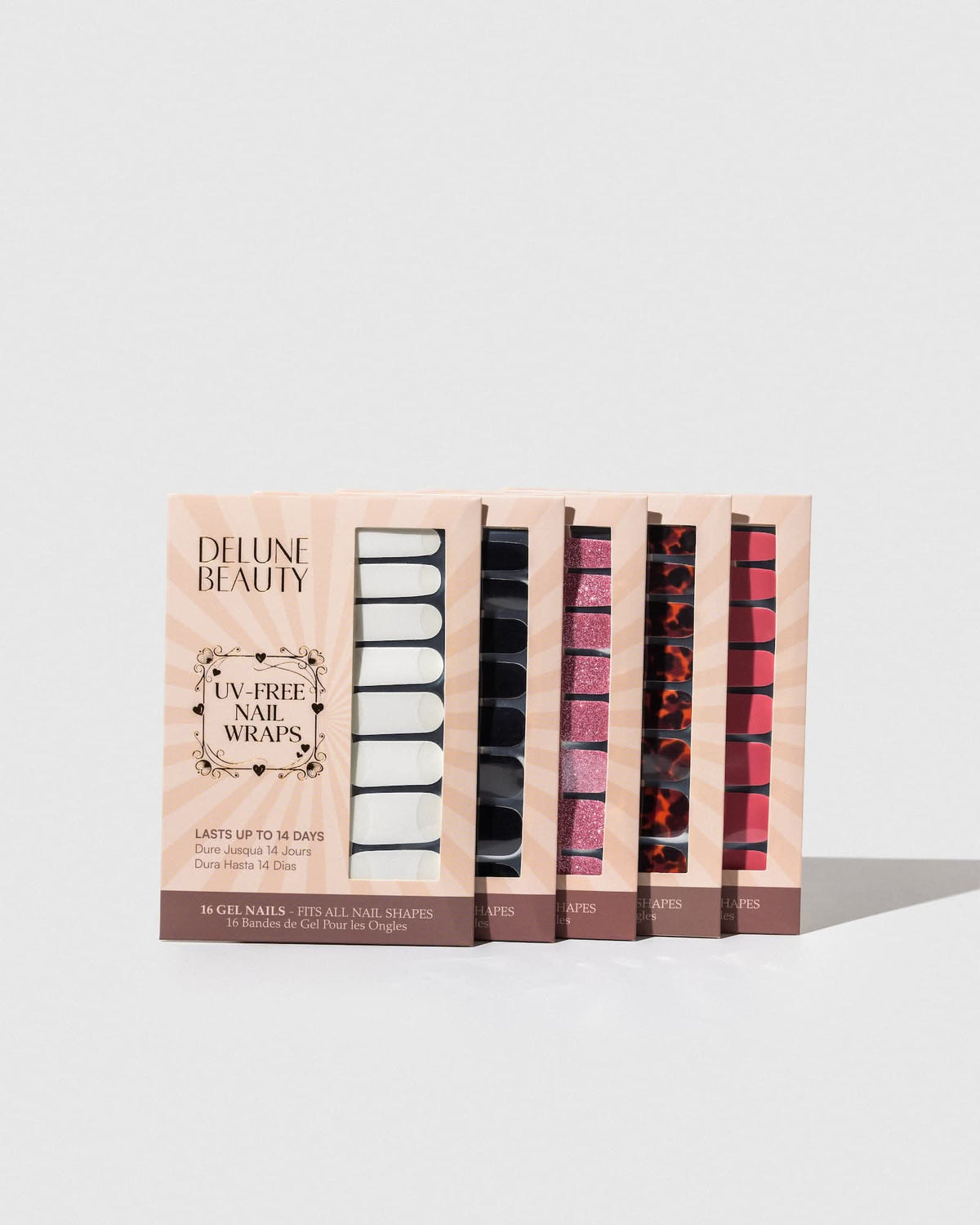 Noir (Non-UV Nail Wraps): row of Delune Beauty UV-free nail wrap packs standing upright